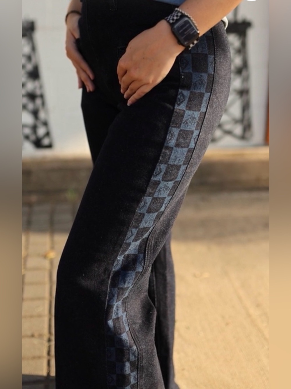 Lucky & Blessed Dark Washed Denim Jeans with Blue Checker Side Panel